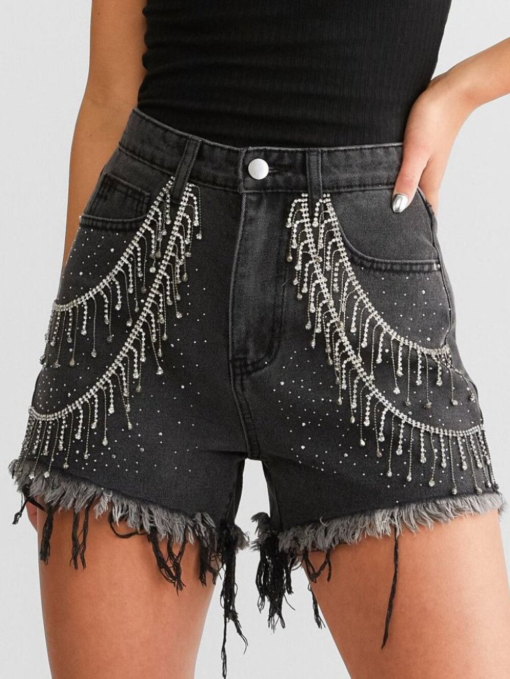 12th Tribe Love Thing Rhinestone Denim Shorts - Washed Black - Size Large - Picture 4 of 7
